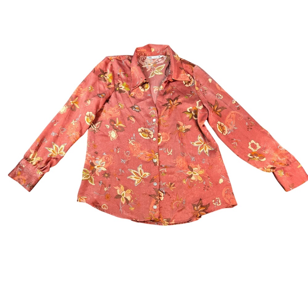 Zara Womens Floral Paisley Satin Button Down Shirt Rust Terracotta Long Sleeve M